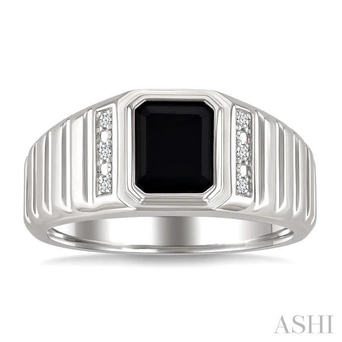 Silver Emerald Shape Men'S Onyx Diamond Ring