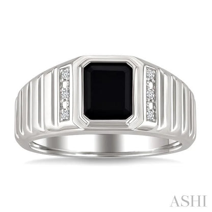 Silver Emerald Shape Men'S Onyx Diamond Ring