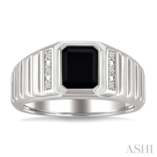 Silver Emerald Shape Men'S Onyx Diamond Ring