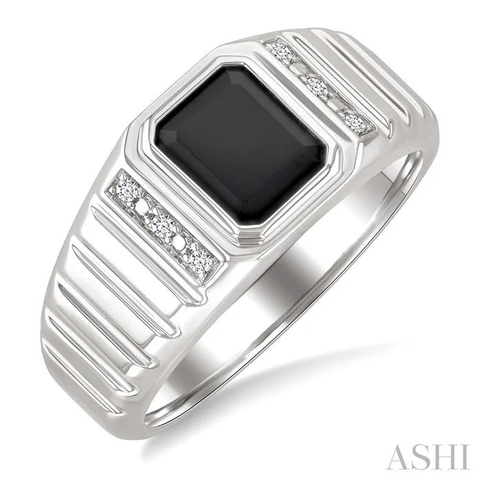 Silver Emerald Shape Men'S Onyx Diamond Ring