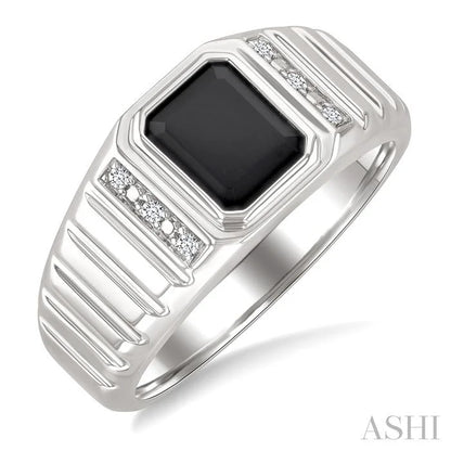 Silver Emerald Shape Men'S Onyx Diamond Ring