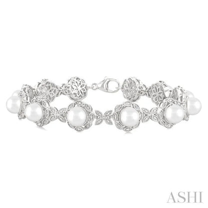 Silver Floral Pearl & Diamond Bracelet