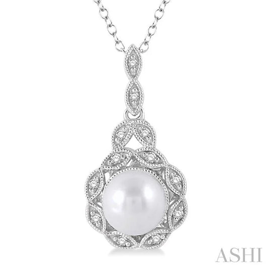 Silver Pearl & Halo Diamond Pendant