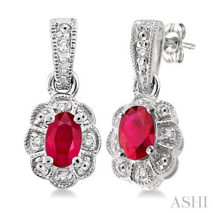 Silver Oval Shape Gemstone & Diamond Earrings