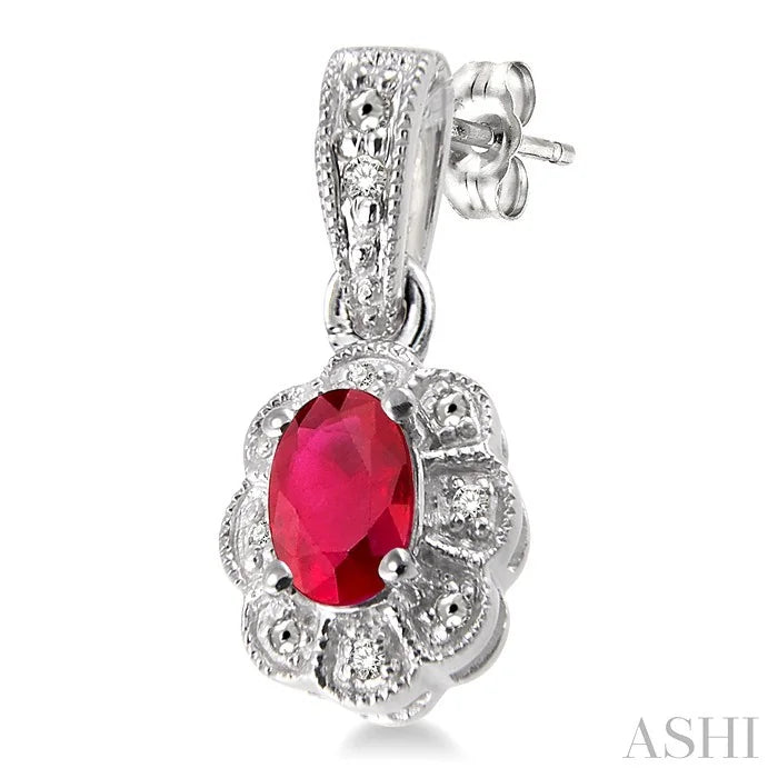 Silver Oval Shape Gemstone & Diamond Earrings