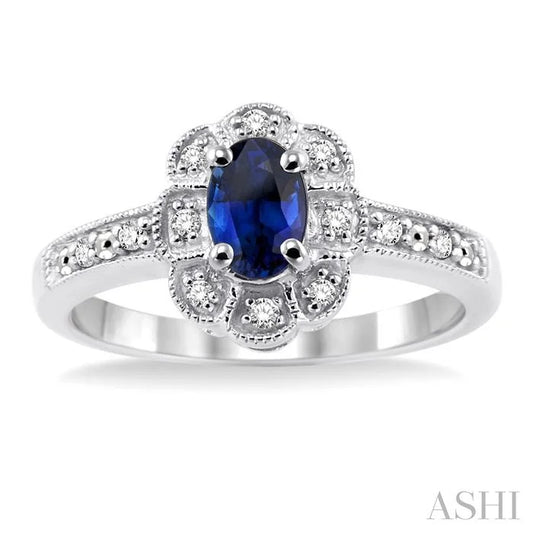 Silver Oval Shape Gemstone & Diamond Ring