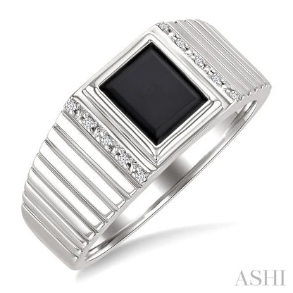 Silver Emerald Shape Men'S Onyx Diamond Ring