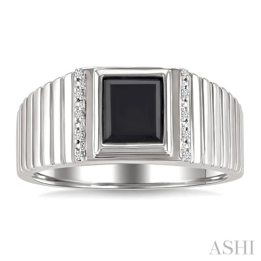 Silver Emerald Shape Men'S Onyx Diamond Ring