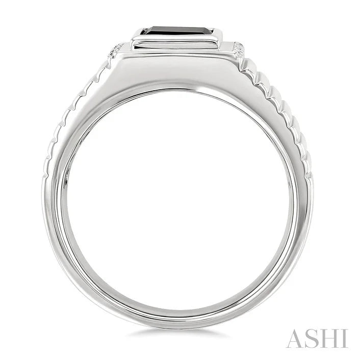 Silver Emerald Shape Men'S Onyx Diamond Ring