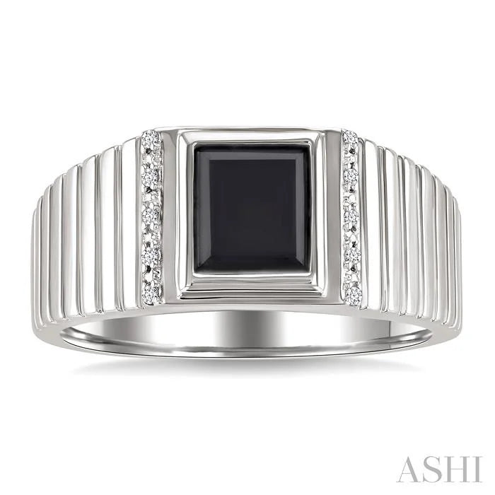 Silver Emerald Shape Men'S Onyx Diamond Ring