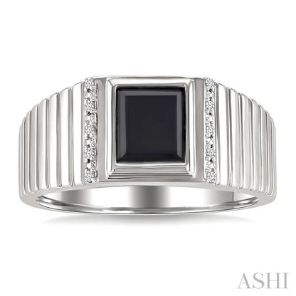 Silver Emerald Shape Men'S Onyx Diamond Ring