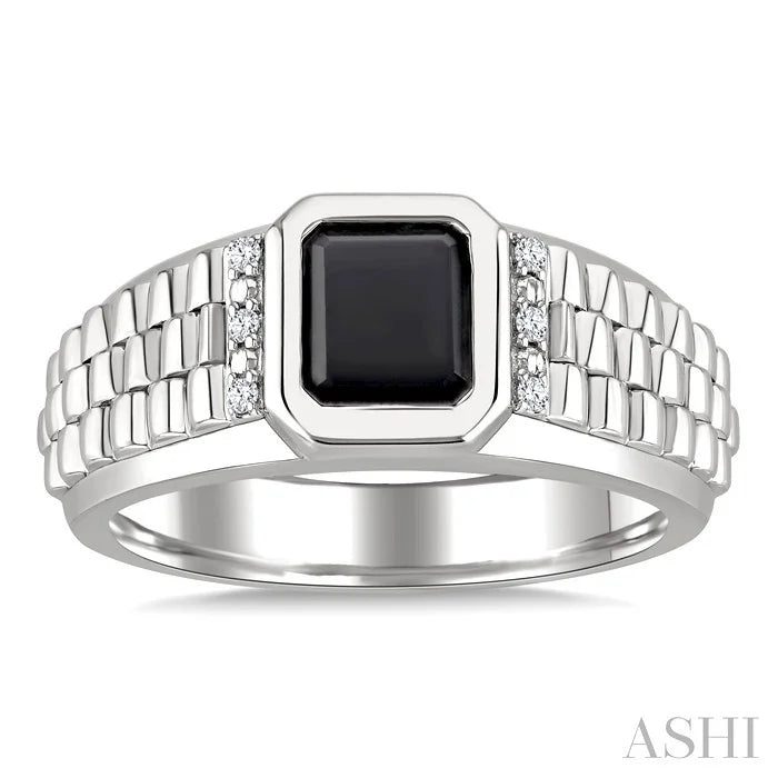 Silver Emerald Shape Men'S Onyx Diamond Ring