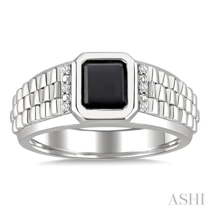 Silver Emerald Shape Men'S Onyx Diamond Ring