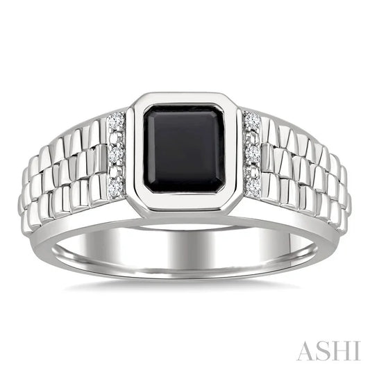 Silver Emerald Shape Men'S Onyx Diamond Ring