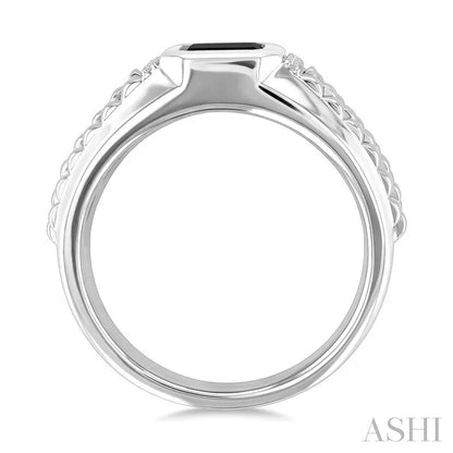 Silver Emerald Shape Men'S Onyx Diamond Ring
