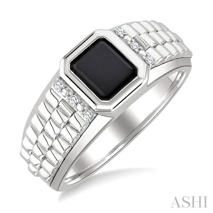 Silver Emerald Shape Men'S Onyx Diamond Ring