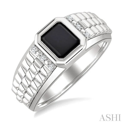 Silver Emerald Shape Men'S Onyx Diamond Ring