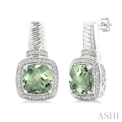 Silver Cushion Shape Gemstone & Diamond Earrings