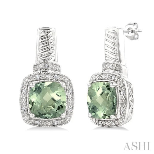 Silver Cushion Shape Gemstone & Diamond Earrings