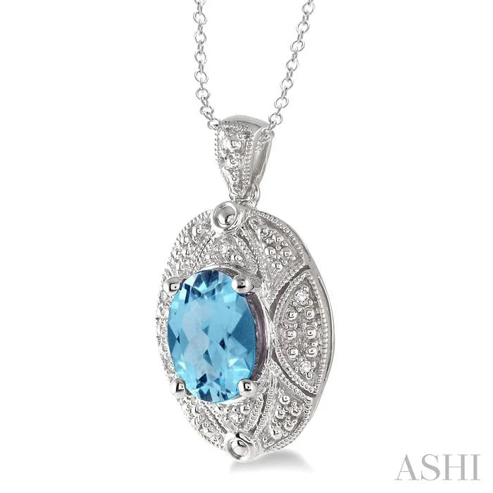 Silver Oval Shape Gemstone & Diamond Pendant