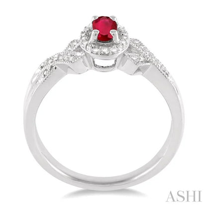 Silver Oval Shape Gemstone & Halo Diamond Ring