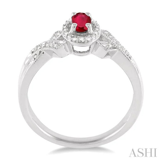 Silver Oval Shape Gemstone & Halo Diamond Ring