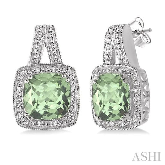 Silver Cushion Shape Gemstone & Diamond Earrings