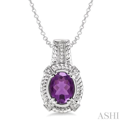 Silver Oval Shape Gemstone & Diamond Pendant