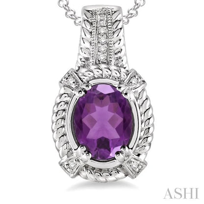 Silver Oval Shape Gemstone & Diamond Pendant