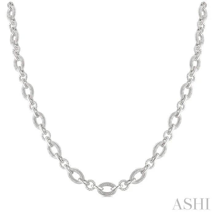 Silver Bold Oval Rope Link Diamond Necklace