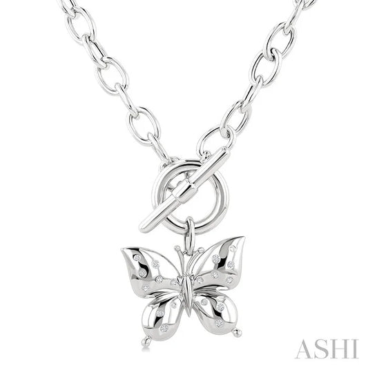 Silver Butterfly Mosaic Toggle Diamond Fashion Necklace