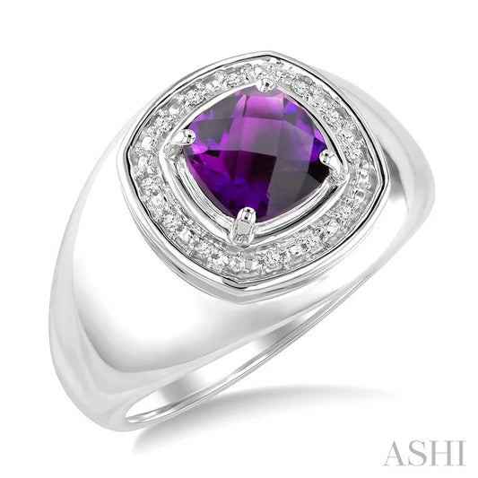 Silver Bold Cushion Shape Gemstone & Diamond Ring