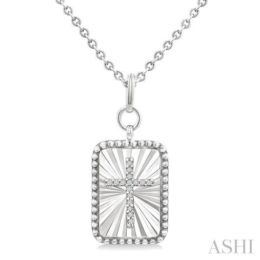 Silver Rectangular Shape Cross Fluted Medallion Diamond Pendant