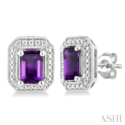 Silver Emerald Shape Gemstone & Diamond Earrings