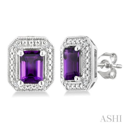 Silver Emerald Shape Gemstone & Diamond Earrings