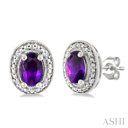 Silver Oval Shape Gemstone & Diamond Earrings