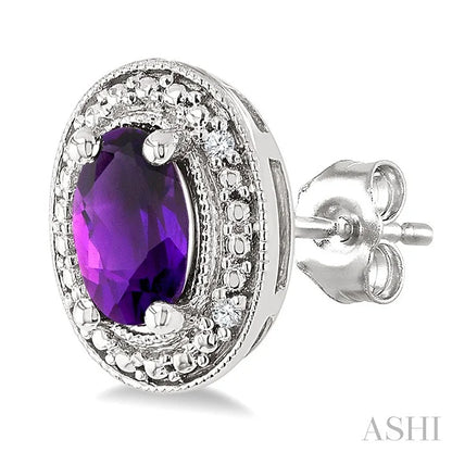 Silver Oval Shape Gemstone & Diamond Earrings