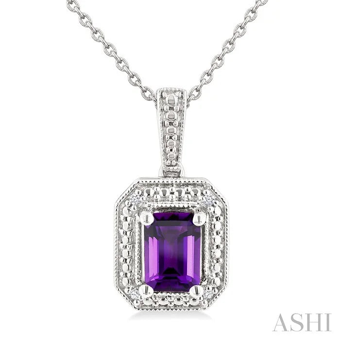 Silver Emerald Shape Gemstone & Diamond Pendant