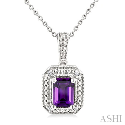 Silver Emerald Shape Gemstone & Diamond Pendant