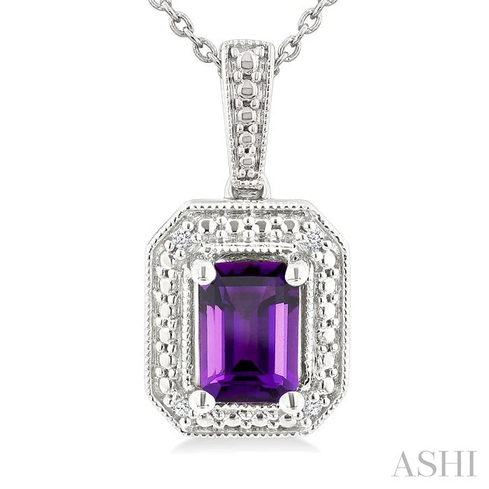 Silver Emerald Shape Gemstone & Diamond Pendant