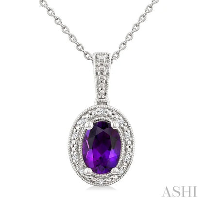 Silver Oval Shape Gemstone & Diamond Pendant