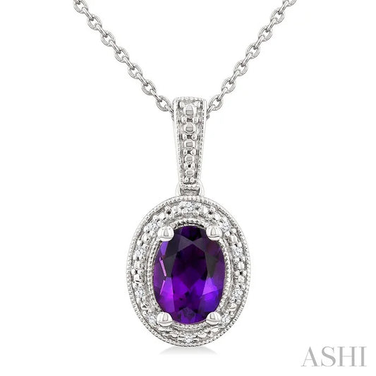 Silver Oval Shape Gemstone & Diamond Pendant
