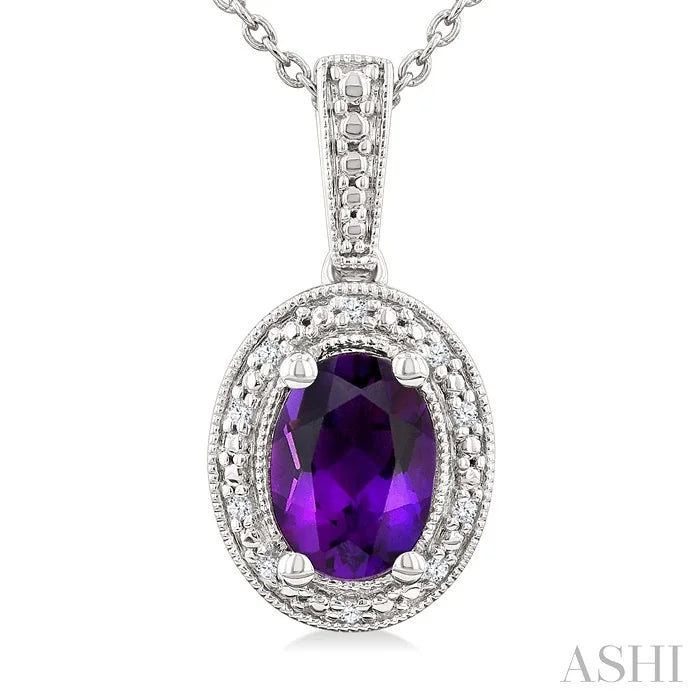 Silver Oval Shape Gemstone & Diamond Pendant