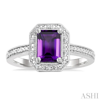 Silver Emerald Shape Gemstone & Diamond Ring