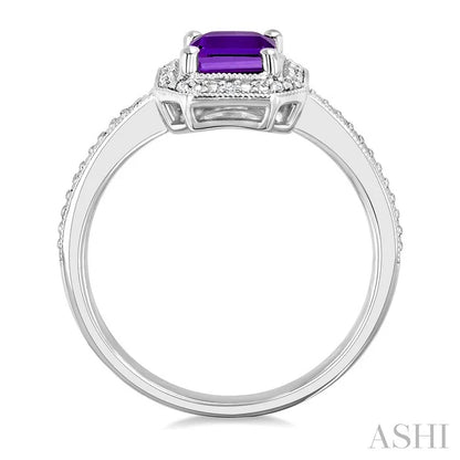 Silver Emerald Shape Gemstone & Diamond Ring