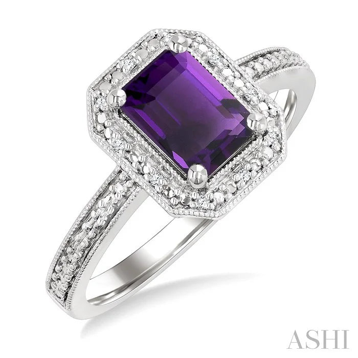 Silver Emerald Shape Gemstone & Diamond Ring