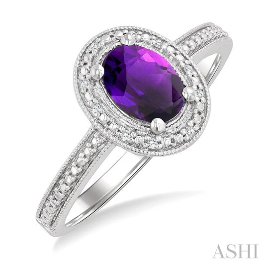 Silver Oval Shape Gemstone & Diamond Ring