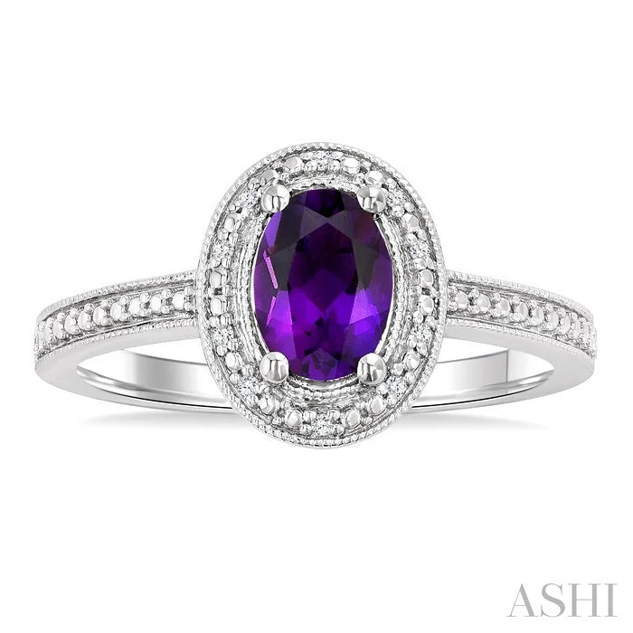 Silver Oval Shape Gemstone & Diamond Ring