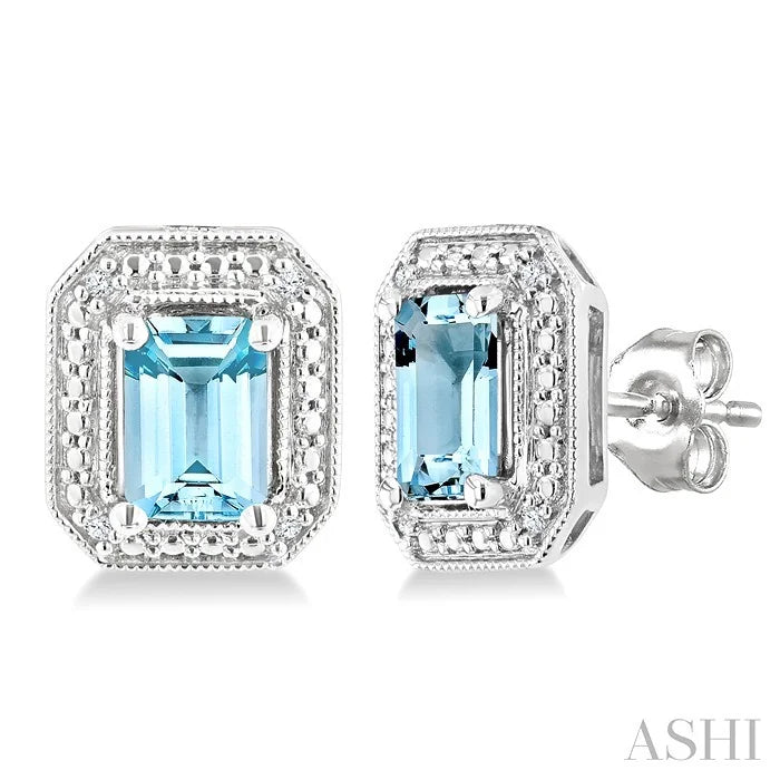 Silver Emerald Shape Gemstone & Diamond Earrings