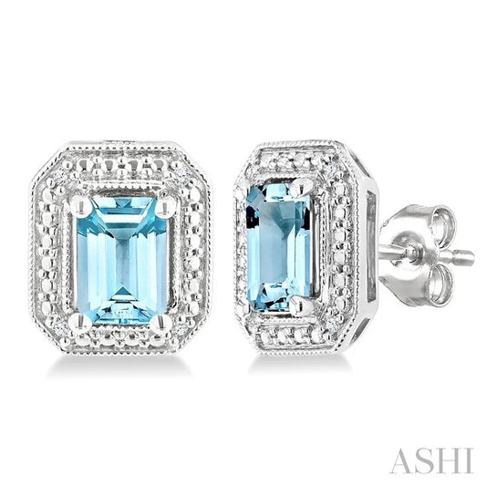 Silver Emerald Shape Gemstone & Diamond Earrings